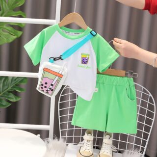 Boys summer suits new style children's clothing baby girl summer striped letter short-sleeved two-piece suit